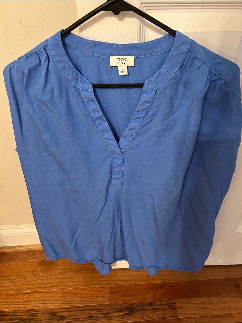 crown & ivy two tops. Periwinkle Blue Split V-Neck Blouse and green
